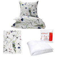 Zestaw pościeli  100x160 + 40x60 + prześcieradło we wzorze 80x160 | 129kwi | biała | kwiaty ważki