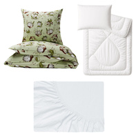 Zestaw pościeli 100x160 + 40x60 + prześcieradło jersey 80x160 | 210zab | zielona | koty żabki słonie