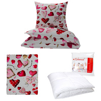 Zestaw pościeli  100x160 + 40x60 + prześcieradło we wzorze 80x160 | 073s-c | szaro czerwona | serca walentynki