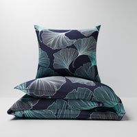 Pościel bawełniana 200x220 + poszewki na poduszkę 2*70x80 | 324Dgr | granatowa | liście miłorzębu