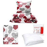 Zestaw pościeli  100x160 + 40x60 + prześcieradło we wzorze 80x160 | 070baw | biało czerwona | serca walentynki