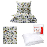 Zestaw pościeli  100x160 + 40x60 + prześcieradło we wzorze 80x160 | 014now | biało niebieska | zwierzątka leśne