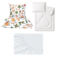 Zestaw pościeli  100x160 + 40x60 + prześcieradło jersey 80x160 | 130bia | biała | świąteczna choinki pierniki