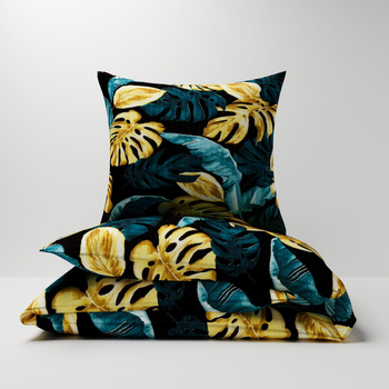 Pościel z kory 140x200 + poszewki na poduszkę 2*70x80 | 455mor | czarna | liście monstera