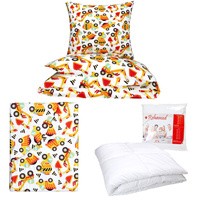 Zestaw pościeli  100x160 + 40x60 + prześcieradło we wzorze 80x160 | 404pom | biało pomarańczowa | auta budowlane