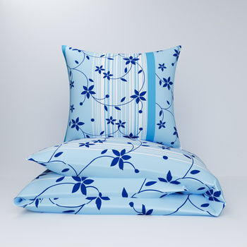 Pościel z kory 160x200 + 70x80 + 40x40 | 057nieb | niebieska | kwiaty na pasach