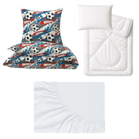 Zestaw pościeli  100x160 + 50x60 + prześcieradło jersey 80x160 | 072now | niebieska | piłki futbol