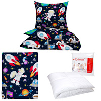 Zestaw pościeli  100x160 + 40x60 + prześcieradło we wzorze 80x160 | 202ast | granatowo pomarańczowa | planety kosmos