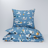 Pościel bawełniana 200x220 + poszewki na poduszkę 2*70x80 | 505ind | niebieska | samochody koparki
