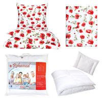 Zestaw pościeli 100x160 + 40x60 + prześcieradło we wzorze 80x160 | 126bia | biało czerwona | kwiaty maki