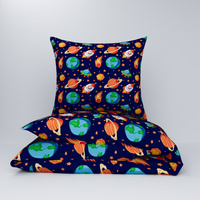 Pościel bawełniana 200x220 + poszewki na poduszkę 2*70x80 | 202cie | granatowo pomarańczowa | planety kosmos