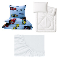 Zestaw pościeli 100x160 + 50x60 + prześcieradło jersey 80x160 | 136nie | niebieska | samochody