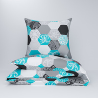 Pościel z kory 140x200 + 70x80 + 40x40 | 208Nblu | szaro turkusowa | plastry miodu