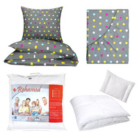 Zestaw pościeli  100x160 + 40x60 + prześcieradło we wzorze 80x160 | 230kol | kolorowa | grochy