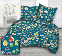 Pościel bawełniana 160x200 + poszewka na poduszkę 70x80 | 158eme | emeraldowa | kwiaty bratki