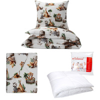 Zestaw pościeli  100x160 + 40x60 + prześcieradło we wzorze 80x160 | 104tip | biała | zwierzątka na campingu