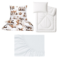 Zestaw pościeli  100x160 + 40x60 + prześcieradło jersey 80x160 | 400bra | biało brązowa | świąteczna gnomy skrzaty