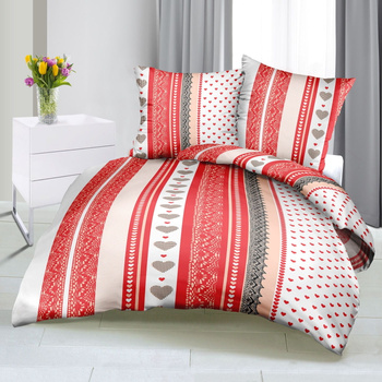 Pościel z kory 200x220 + poszewki na poduszkę 2*70x80 | 078red | czerwona | serca i pasy