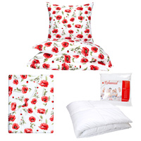 Zestaw pościeli  100x160 + 40x60 + prześcieradło we wzorze 80x160 | 126bia | biało czerwona | kwiaty maki