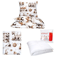 Zestaw pościeli  100x160 + 40x60 + prześcieradło we wzorze 80x160 | 400bra | biało brązowa | świąteczna gnomy skrzaty