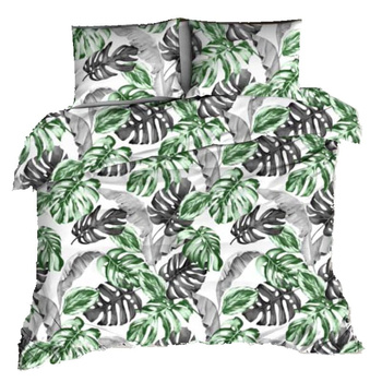 Pościel z kory 140x200 + poszewka na poduszkę 50x60 | 455b-z | biało zielona | liście monstera