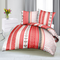 Pościel z kory 200x220 + poszewki na poduszkę 2*70x80 | 078red | czerwona | serca i pasy