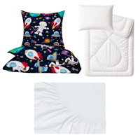 Zestaw pościeli  100x160 + 40x60 + prześcieradło jersey 80x160 | 202ast | granatowo pomarańczowa | planety kosmos