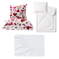 Zestaw pościeli 100x160 + 50x60 + prześcieradło jersey 80x160 | 073b-c | biało czerwona | serca Walentynki