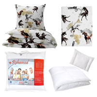 Zestaw pościeli  100x160 + 40x60 + prześcieradło we wzorze 80x160 | 186Kbr | biała | konie