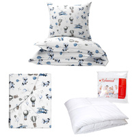 Zestaw pościeli  100x160 + 40x60 + prześcieradło we wzorze 80x160 | 081b-n | biało niebieska | samoloty balony