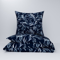 Pościel bawełniana 180x200 + poszewki na poduszkę 2*70x80 | D141grn | granatowa | liście
