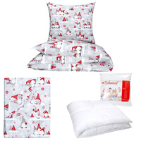 Zestaw pościeli  100x160 + 40x60 + prześcieradło we wzorze 80x160 | 421sza | szara | wzór świąteczny skrzaty