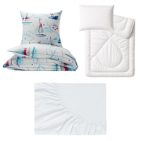 Zestaw pościeli  100x160 + 40x60 + prześcieradło jersey 80x160 | 128nowe | biała | żagłowki morska