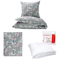 Zestaw pościeli  100x160 + 50x60 + prześcieradło we wzorze 80x160  | 103bez | szara | jednorożce