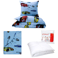 Zestaw pościeli  100x160 + 40x60 + prześcieradło we wzorze 80x160 | 136nieb-auto | niebieska | samochody