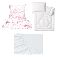 Zestaw pościeli  100x160 + 50x60 + prześcieradło jersey 80x160 | 007roz | biala | kwiat wiśni
