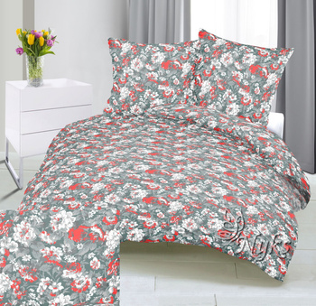 Pościel z kory 160x200 + poszewki na poduszkę 2*70x80 | 117red | szaro czerwona | kwiaty róże