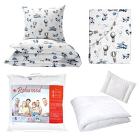 Zestaw pościeli 100x160 + 40x60 + prześcieradło we wzorze 80x160 | 081b-n | biało niebieska | samoloty balony