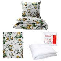 Zestaw pościeli  100x160 + 40x60 + prześcieradło we wzorze 80x160 | 166bia | biała | zwierzęta leśne