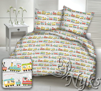 Pościel z kory 160x200 + poszewki na poduszkę 2*70x80 | 266sza | szara | pociągi