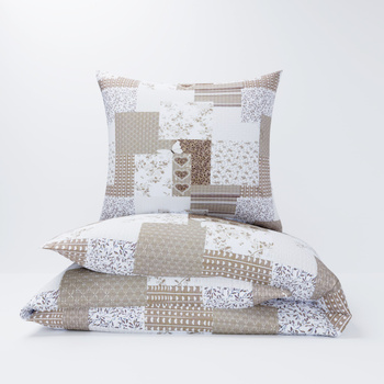 Pościel z kory 160x200 + poszewki na poduszkę 2*70x80 | 137Nbe | beżowa | patchwork z sercami