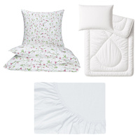 Zestaw pościeli  100x160 + 40x60 + prześcieradło jersey 80x160 | 121bia | białe | kwiaty gałązki