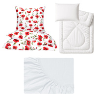 Zestaw pościeli 100x160 + 40x60 + prześcieradło jersey 80x160 | 126bia | biało czerwona | kwiaty maki