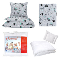 Zestaw pościeli  100x160 + 50x60 + prześcieradło we wzorze 80x160 | 112mięta | szaro miętowa | koty