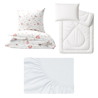 Zestaw pościeli  100x160 + 50x60 + prześcieradło jersey 80x160 | 428mys | biała | myszki w kwiatach