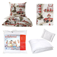 Zestaw pościeli  100x160 + 50x60 + prześcieradło we wzorze 80x160 | 217psi | szaro czerwona | psy strażacy