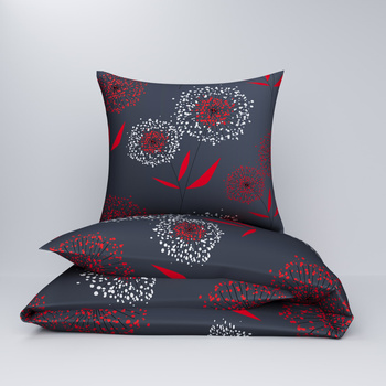 Pościel z kory 200x220 + poszewki na poduszkę 2*70x80 | 376red | szaro czerwona | dmuchawce