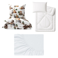 Zestaw pościeli 100x160 + 50x60 + prześcieradło jersey 80x160 | 104tip | biała | zwierzątka na campingu