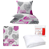 Zestaw pościeli  100x160 + 40x60 + prześcieradło we wzorze 80x160 | 070róż | biało różowa | serca walentynki