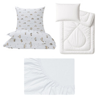 Zestaw pościeli  100x160 + 50x60 + prześcieradło jersey 80x160 | 486b-b | biało beżowa | autka